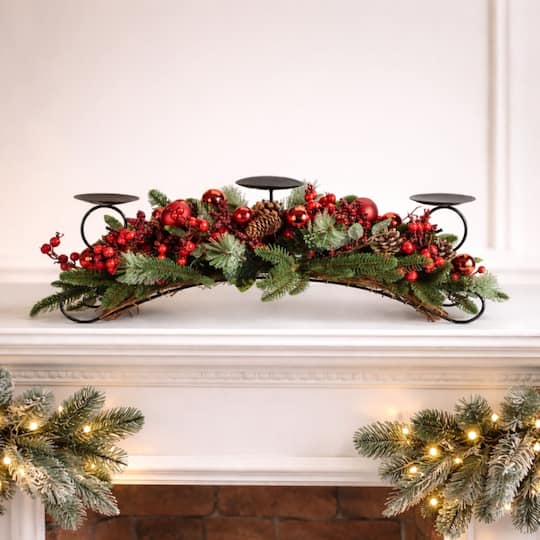 Melrose Decorated Pine & Berry Centerpiece Candle Holder